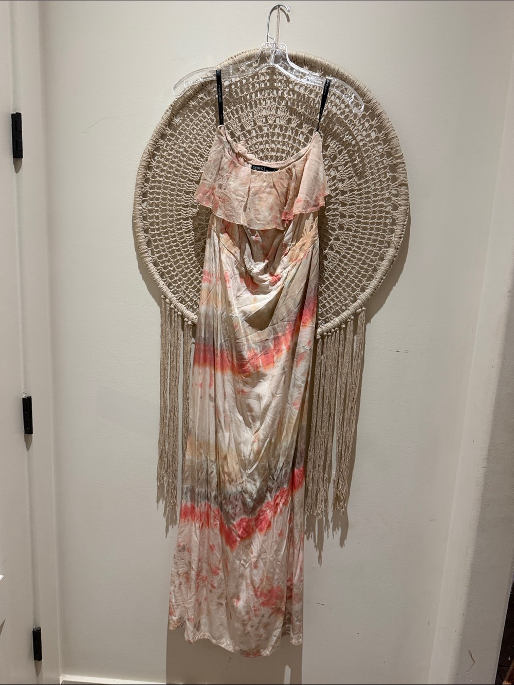 Gypsy 05 Small Strapless Maxi 100% silk dressin Cream with Coral & Taupe Tie-Dye